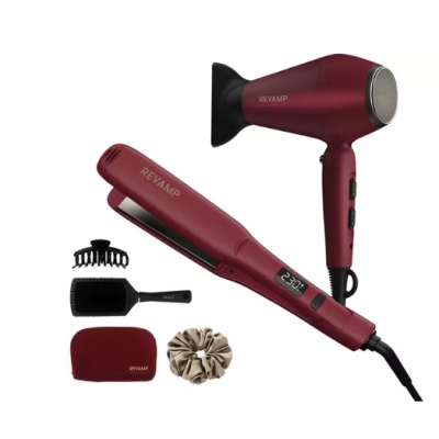 REVAMP Forever Love GSST200DR375 Hair Dryer & Straightener Gift Set – Deep Merlot